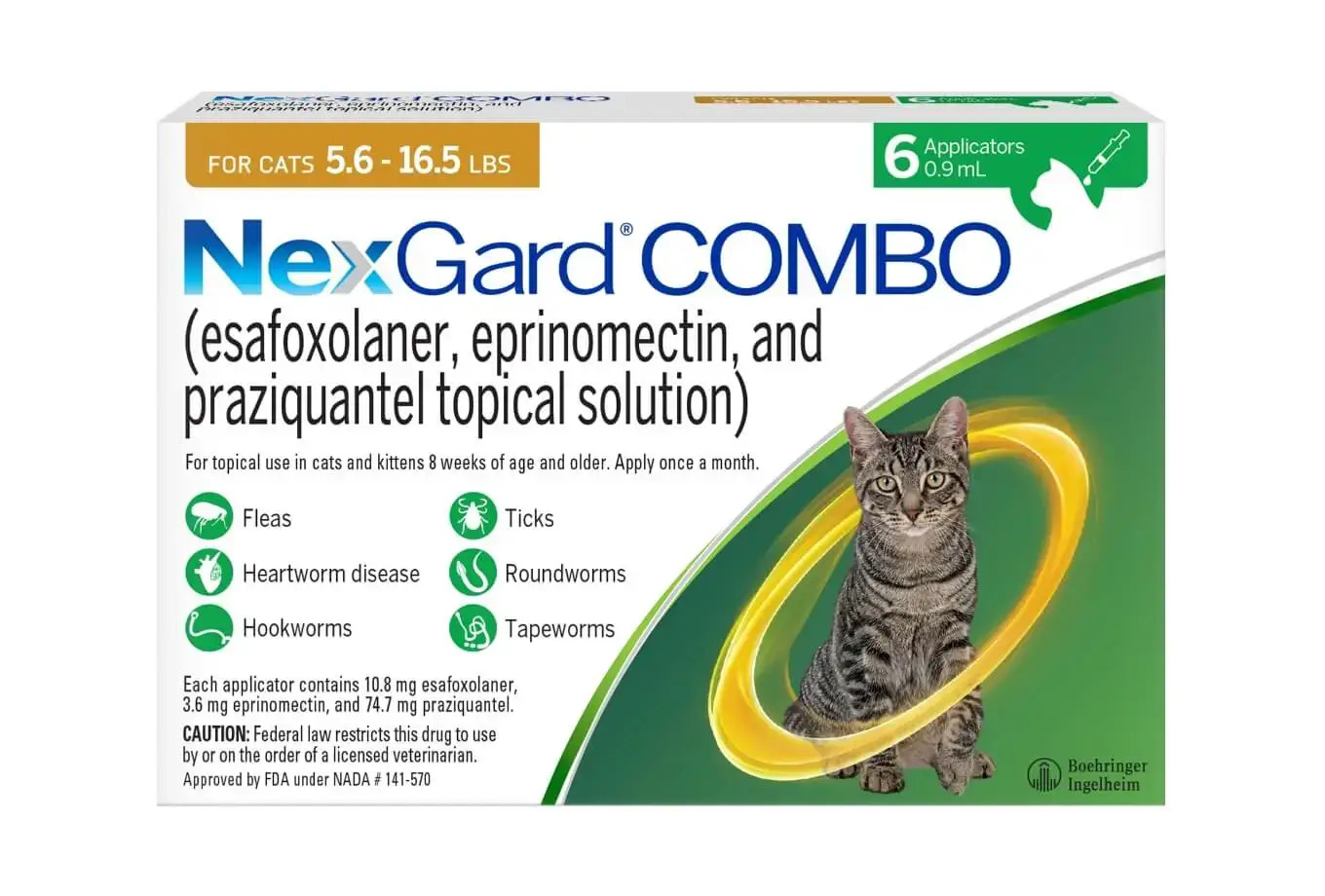NexGard Combo Pack Shot. Features a cat on the front of the box